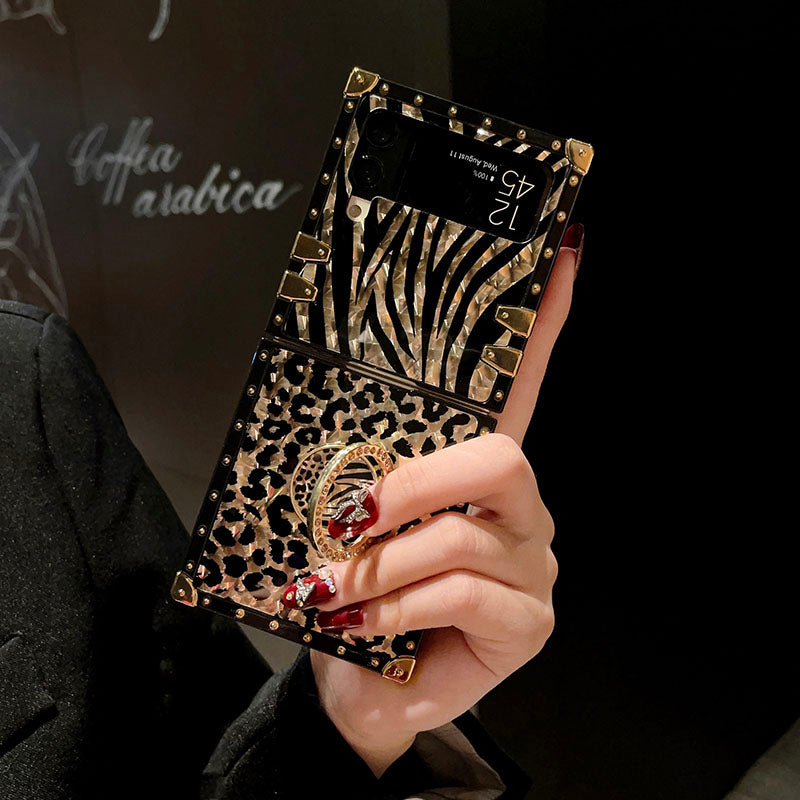 Funda cuadrada de lujo con estampado de leopardo a rayas y purpurina dorada para Galaxy Z Flip4 Flip3 5G