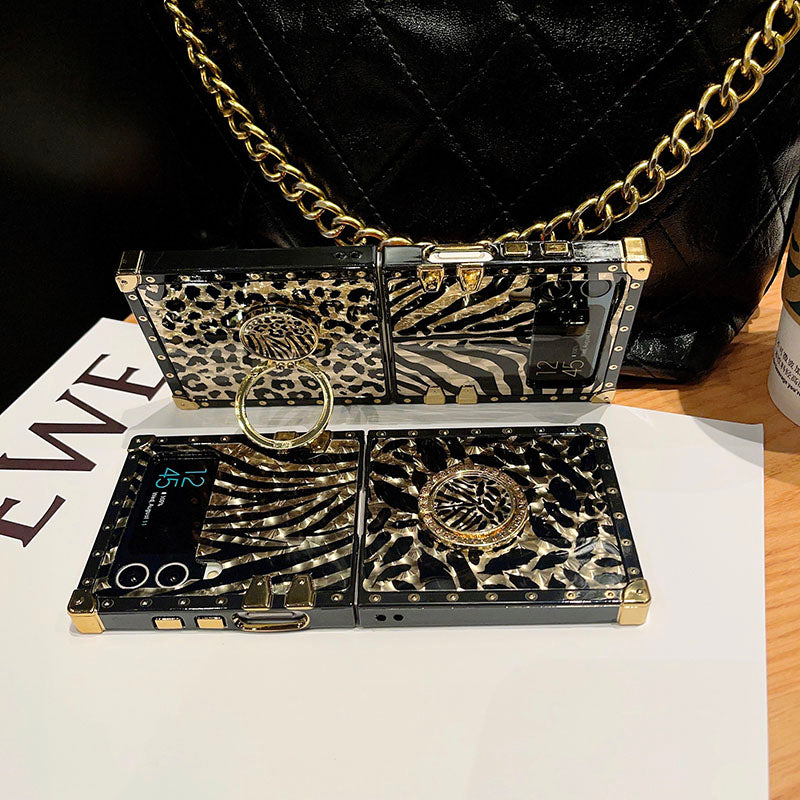 Funda cuadrada de lujo con estampado de leopardo a rayas y purpurina dorada para Galaxy Z Flip4 Flip3 5G